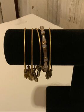 Alex and Ani Gold Tone Stackable Bracelet Set with Lavender Bead Accent
